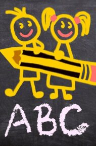 Eine Skizze von zwei Kindern mit einem großen Bleistift, schreiben 1+1=2